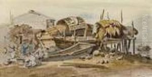 Pecheurs Chinois Sur Le Bord D'un Rivage A Cote De Leurs Barqueschargees De Marchandises