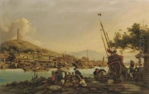 Harbour Scene In The Pearl River
 Delta With Fisherfolk In Theforeground And A Pagoda On A Hilltop Beyond