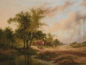 A wooded landscape with peasants at work near a cottage