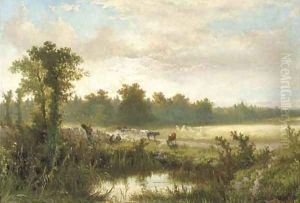 Wolfheze cowherds and cattle near a fen at dusk