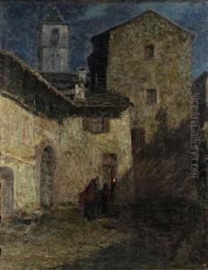 Scorcio Di Paese Con Figure by Emilio Borsa