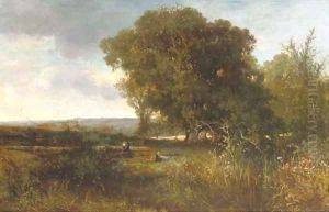 Gathering wood at the edge of a forest by Johannes Warnardus Bilders