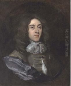 Portrait Of A Gentleman, 
Bust-length, In A Grey Coat, Blue Robe,and Lace Cravat, Feigned Oval by Pieter Borsselaer