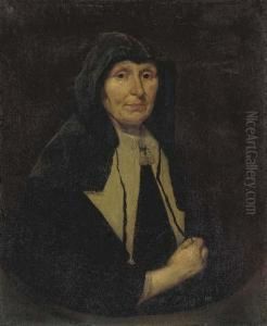 Portrait Of A Lady,
Three-quarter-length, In A Black Head Dress And A Black Dress With A
White Collar, In A Painted Oval by Pieter Borsselaer