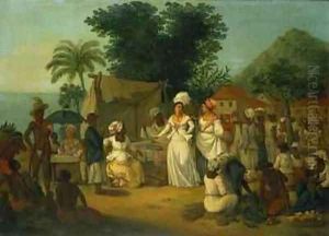 A linen market with a linen stall and a vegetable seller in a Colonial settlement