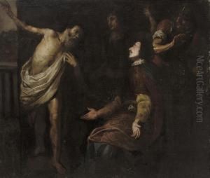 A Soldier Kneeling Before An Old Man by Luciano Borzone