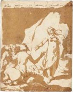 A Design For A Book Illustration: A Young Woman Addressing A Group Of Centaurs by Andrea Boscoli