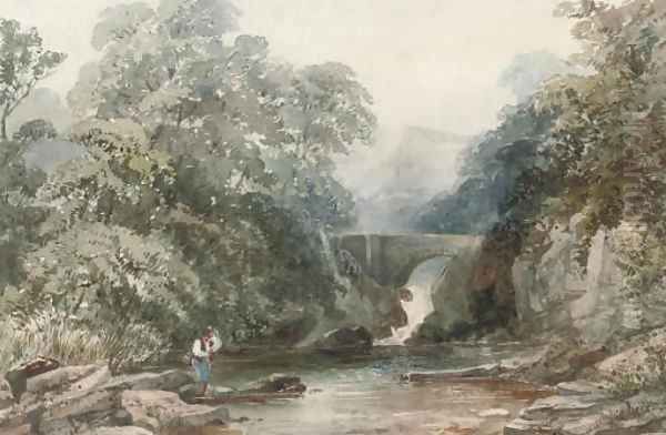An angler on a riverbank before a waterfall - view 1
