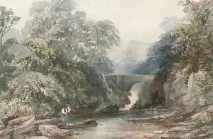 An angler on a riverbank before a waterfall by William James Bennett