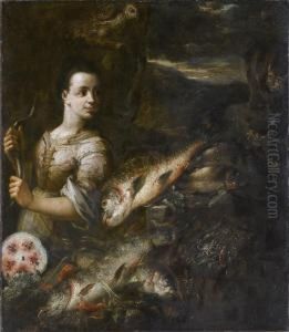 Fanciulla Con Frutta, Pesci, Un Gatto E Una Civetta