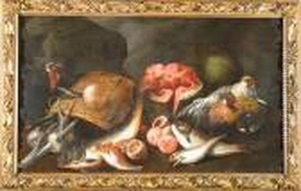 Natura Morta Con Sporta, Pesci, Tacchino, Galline, Frutti Ed Ortaggi - view 1