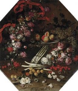 Asparagus, Cherries, Peaches And Flowers On A Wooden Ledge by Felice Boselli