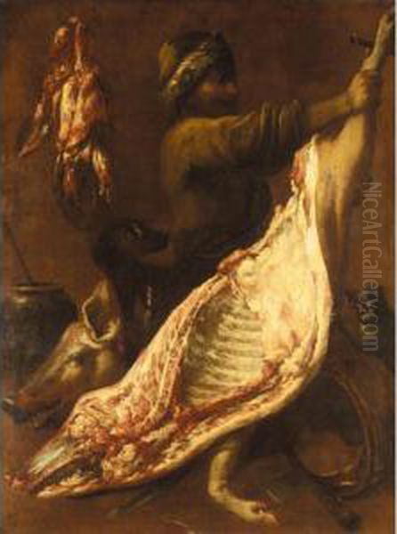 An Interior Of A Butcher's Shop 
With A Butcher Preparing A Side Of Pork, Together With A Cat And A Dog - view 1
