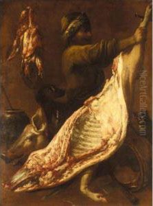 An Interior Of A Butcher's Shop
With A Butcher Preparing A Side Of Pork, Together With A Cat And A Dog by Felice Boselli
