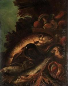 Still Life Of Fish, An Eel, And A
Sea Shell Together With A Basket Of Mushrooms, In A Landscape by Felice Boselli