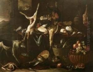 Interno Con Selvaggina, Gatto, Cane, Frutti E Verdure