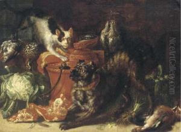 A Dog And A Cat In A Kitchen Interior With Game Andvegetables - view 1