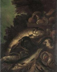 Still Life Of Fish, And Eel, And
A Sea Shell Together With A Basket Of Mushrooms, In A Landscape by Felice Boselli