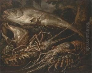 Two Lobsters, A Salmon And Shells On A Forest Floor