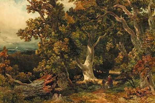 Figures returning from market through a wood - view 1