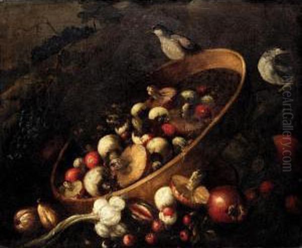 Still Life With A Basket, 
Mushrooms, Onions, Tomatoes, And Grapes Together With Other Vegetables 
And Song Birds. - view 1