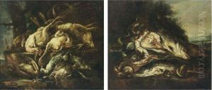 A Still Life Of Fish And
Mushrooms In A Landscape Setting; A Still Life Of Birds And A Hare On A
Ledge In A Landscape Setting by Felice Boselli