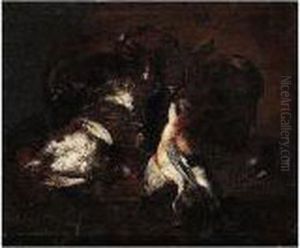 Still Life Of A Jay And A Partridge Beside A Wicker Basket, Upon A Stone Ledge by Felice Boselli