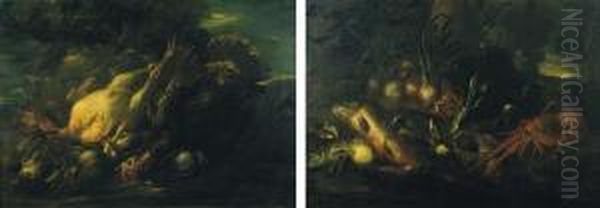Two Turkeys And Other Dead Birds
 On A Rocky Bank; And Fish, A Seashell, A Crayfish, A Lobster And Onions
 On A Rocky Bank - view 1