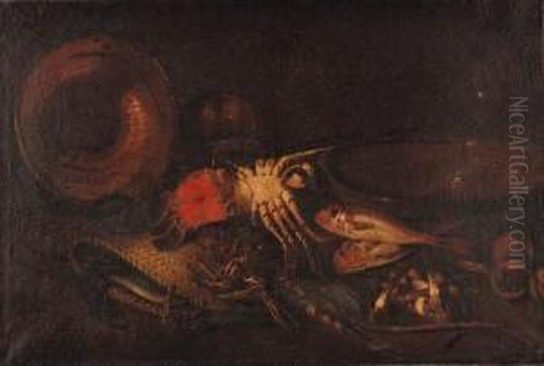 Lobsters, A Basket, An Upturned Copper Dish, Red Mullet, Aterracotta Bowl On A Ledge - view 1