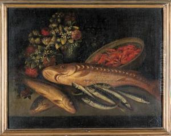 Pesci E Fiori Su Un Piano Di Pietra Con Gamberi In Una Cesta - view 1