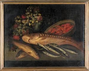 Pesci E Fiori Su Un Piano Di Pietra Con Gamberi In Una Cesta by Felice Boselli