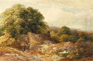 Peat cutters in a wooded landscape by William James Bennett