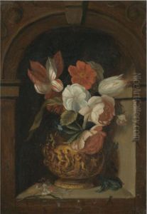 A Still Life Of Tulips, Roses, 
Morning Glory And Other Flowers In A Sculpted Bronze Vase In A Niche