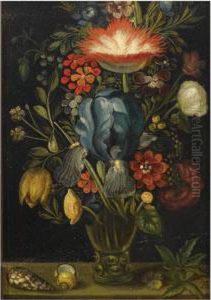 A Still Life With Various 
Flowers In A Roemer Together With Shells And A Violet On A Ledge