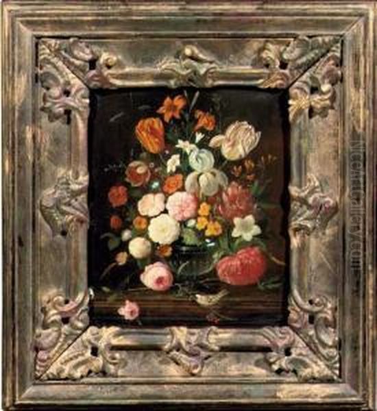 Poppies, Daisies, Tulips, Roses,
 A Lily And Other Flowers In A Glass Vase On A Wooden Ledge, A Small 
Bird On A Branch In The Foreground - view 1