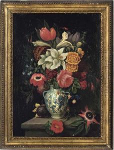 Lilies, Roses, Passionflower, Sunflower, Tulips And Other Flowers In A Vase, On A Ledge