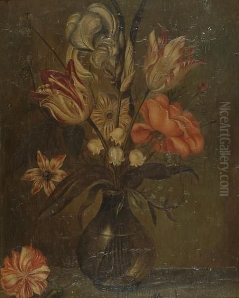 An Iris, Tulips, 
Lily-of-the-valley, A Rose And Other Flowers In A Glass Vase On A Ledge. - view 1