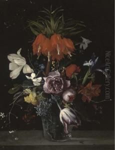 A Crown Imperial Lily, Tulips, 
Roses, Hyacinths And Other Flowersin A Glass Vase On A Stone Ledge