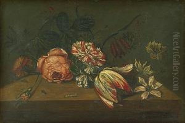 A Still Life With Flowers And Insects On A Ledge - view 1