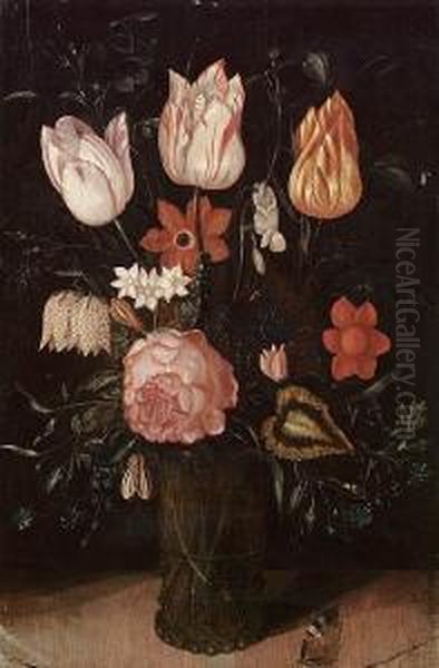 A Rose, Tulips, Forget-me-nots
And Other Flowers In A Glass Vase On A Ledge With A Butterfly - view 1