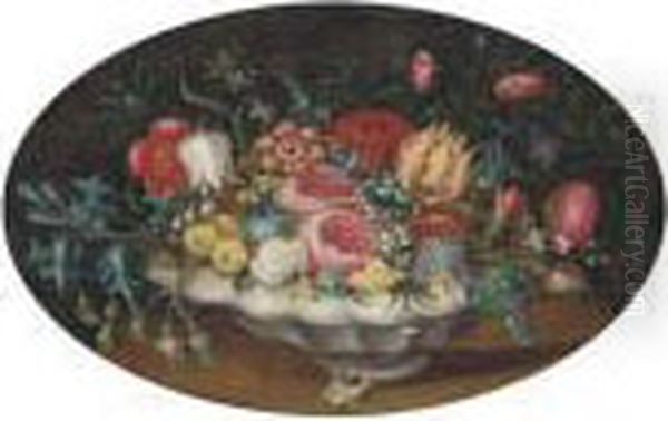 Tulips, Roses, Morning Glory And Other Flowers In A Bowl On Atable - view 1