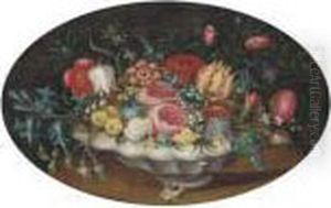 Tulips, Roses, Morning Glory And Other Flowers In A Bowl On Atable