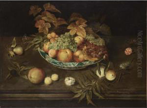 A Still Life With Grapes,
Peaches, Apricots And Apples In A Wan-li Porcelain Bowl, Together With A
Pear, A Prune, Peaches, Apricots, Carnations, A Butterfly And A Blue
Tit, All On A Ledge - view 1
