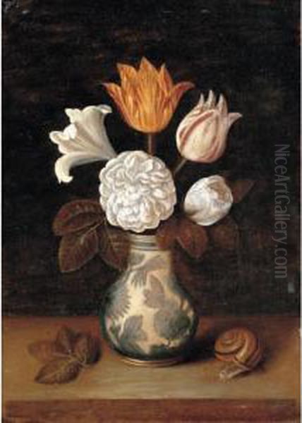 A Still Life Of Roses, A Lily
And Variegated Tulips In A Blue And White Vase, With A Snail Nearby - view 1