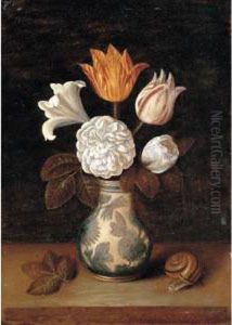 A Still Life Of Roses, A Lily 
And Variegated Tulips In A Blue And White Vase, With A Snail Nearby