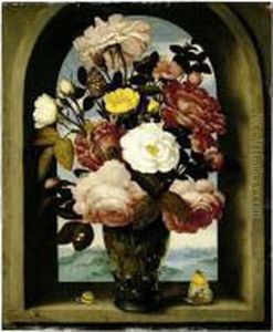 A Still Life Of Roses In A 
Berkemeijer Glass, With Butterflies And A Snail, In An Arched Stone 
Window With A Landscape Beyond