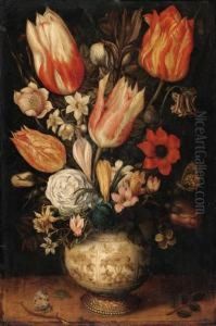 Tulips, Roses, Narcissi, 
Daffodils, Crocuses, An Iris, A Poppy Andother Flowers In A Gilt-mounted
 Porcelain Vase On A Ledge, With Aqueen Of Spain Fritillary, A White 
Ermine And A Magpiebutterfly