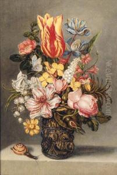 Parrot Tulips, A Dog Rose, A
Peonie, Buttercups And Lily Of Thevalley In A Roemer On A Stone Ledge
With A Butterfly And Asnail - view 1