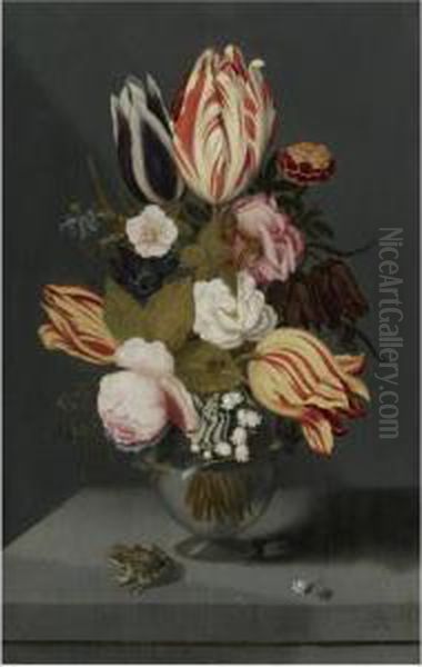 Still Life With Variegated
Tulips, Pink And White Roses, A Marigold Fritillary, Columbine And Lily
Of The Valley In A Globose Vase With A Toad, All On A Ledge - view 1