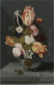 Still Life With Variegated 
Tulips, Pink And White Roses, A Marigold Fritillary, Columbine And Lily 
Of The Valley In A Globose Vase With A Toad, All On A Ledge by Ambrosius the Younger Bosschaert